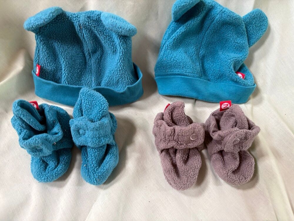 Zatano baby booties with blue hats size 3 months 2 sets with gray blue